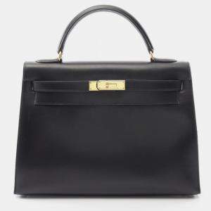 Pre Owned Hermes Kelly 32 Black Box Calf Leather Tote Bag