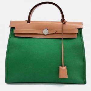 Pre Owned Hermes Green Canvas and Leather NEW ZIP Herbag Small
