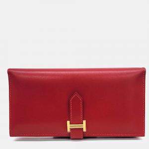Pre Owned Hermes Red Leather Bean Long Wallet