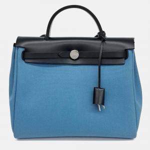 Pre Owned Hermes Black Blue Canvas and Leather NEW ZIP Herbag Small