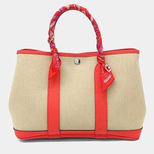 Pre Owned Hermes Beige Red Fabric Garden Party 30  & Twilly