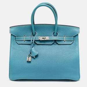 Pre Owned Hermes Bleu Jean Togo Leather Palladium Finish Birkin 35 Bag