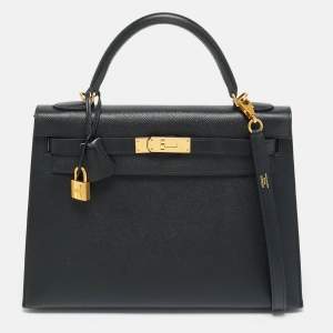 Pre Owned Hermes Noir Epsom Leather Gold Finish Kelly Sellier 32 Bag