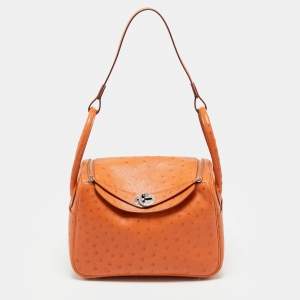 مملوكة مسبقًا Hermes Lindy 26 Palladium Finish Tangerine Ostrich Shoulder Bag