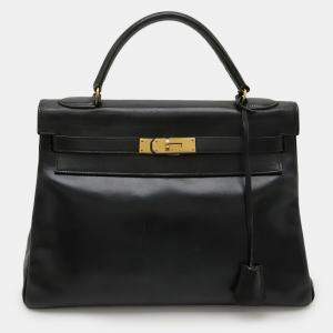 مملوكة مسبقًا Hermes Kelly 32 Handbag With Inner Stitching Box Calf Leather Scarf Black