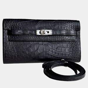 Pre Owned Hermes Kelly to Go Black Matte Crocodile with Palladium Hardware