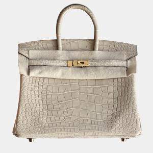 Pre Owned Hermes Birkin 25 Trench Gray Matte Crocodile Gold Hardware