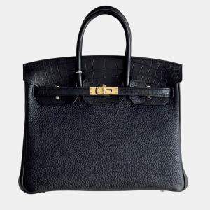 Pre Owned Hermes Birkin 25 Black Touch Togo & Crocodile Gold Hardware
