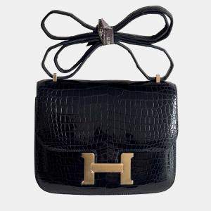مملوكة مسبقًا Hermes Constance 19 Black Shiny Crocodile with Gold Hardware