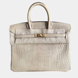Pre Owned Hermes Birkin 25 Trench Gray Matte Crocodile Gold Hardware