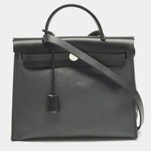 Pre Owned Hermès Herbag Zip 31 Ardoise/Black Coated Canvas and Leather Bag