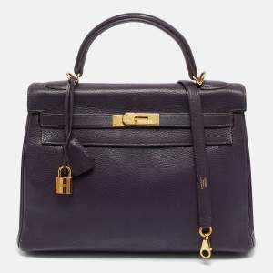 Pre Owned Hermes Kelly Retourne 32 Ultraviolet Togo Leather Gold Finish Bag