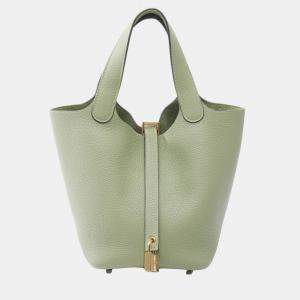 Pre Owned Hermes Picotin Lock 18 Green Vert Criquet Taurillon Clemence Leather Shoulder Bag