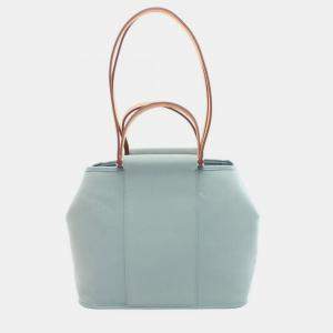 Pre Owned Hermes Cabag PM Green Ciel Brown Toile Officier Leather Tote Bag