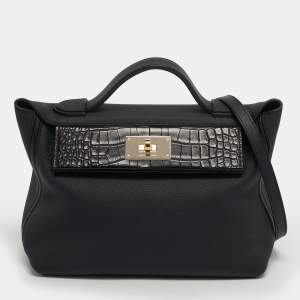 Pre Owned Hermès 24/24 29 Electrum Noir Matte Alligator and Togo Leather Bag