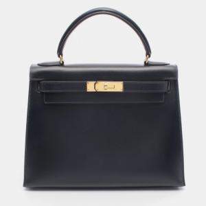 مملوكة مسبقًا حقيبة هيرمس كيلي 28 جلد بوكس العجل أزرق للكتف