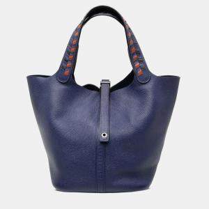 Pre Owned Hermes Bleu Encre, Noir, and Brique Epsom Tressage Picotin Lock 22
