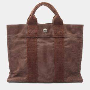 Pre Owned Hermes Herline PM Brown Nylon Canvas Tote Bag