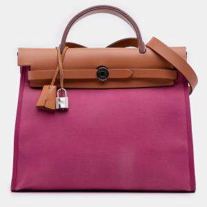 Pre Owned Hermes Brown Pink Toile Herbag Zip 31
