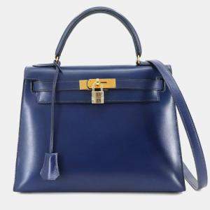 مملوكة مسبقًا Hermes Kelly 28 Box Calf Blue Shoulder Bag