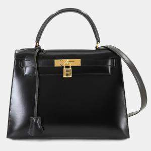 مملوكة مسبقًا Hermes Kelly 28 Black Box Calf Leather Handbag