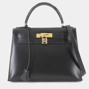 Pre Owned Hermes Kelly 28 Shoulder Bag Black Box Calf Leather