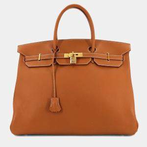 Pre Owned Hermes Taurillon Clemence Leather Gold Birkin 40 Handbag
