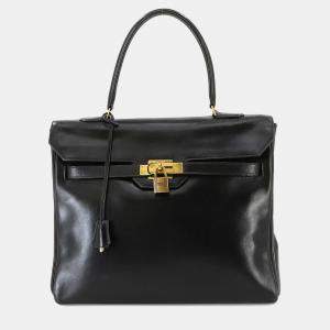 Pre Owned Hermes Black Box Calf Leather Vintage Sac A Courroies Handbag