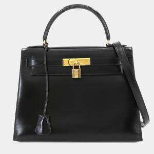 Pre Owned Hermes Black Box Calf Leather Kelly 28 Shoulder Bag