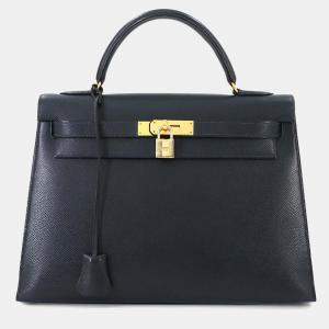 Pre Owned Hermes Kelly 32 Shoulder Bag Couchvel Epsom Blue Indigo
