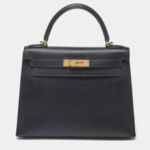 Pre Owned Hermes Kelly Sellier 28 Gold Finish Noir Epsom Leather Top Handle Bag
