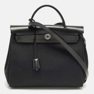 Pre Owned Hermès Herbag 31 Black Canvas and Leather Bag