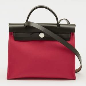 Pre Owned Hermès Herbag Zip 31 Rose Extreme/Khaki Toile and Vache Hunter Top Handle Bag