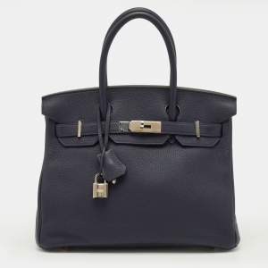 Pre Owned Hermès Birkin 30 Palladium Finish Bleu Nuit Togo Leather Tote