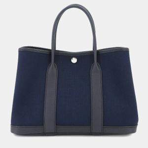 Pre Owned Hermes Toile Militaire Leather Blue Marine Navy Garden Party Tote TPM