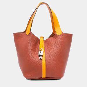Pre Owned Hermes Brown/Yellow Bicolor Clemence Picotin Lock 22