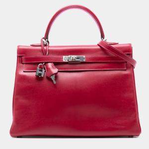 مملوكة مسبقًا Hermes Rouge Garance / Rose Tyrien Box Calf Verso Kelly II Retourne 35