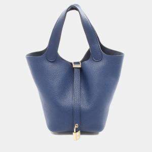 Pre Owned Hermes Picotin Lock Blue Taurillon Clemence Leather Shoulder Bag