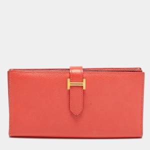 Pre Owned Hermes Bearn Gusset Rose Jaipur Epsom Leather Continental Wallet