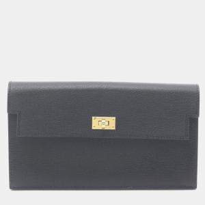 Pre Owned Hermes Kelly Pocket Long Bifold Wallet Leather Chevre Sham Killa Black