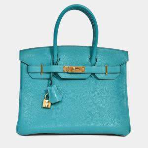 Pre Owned Hermes 2016 Bleu Paon Clemence Leather Birkin 30 GHW