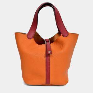 Pre Owned Hermes 2016 Orange Clemence Rouge Swift Bicolour Leather Picotin 22