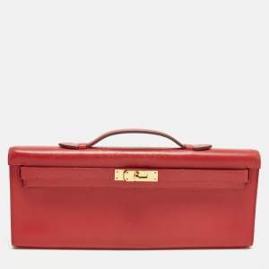 Pre Owned Hermes Kelly Cut Gold Finish Rouge Vif Tadelakt Leather Clutch