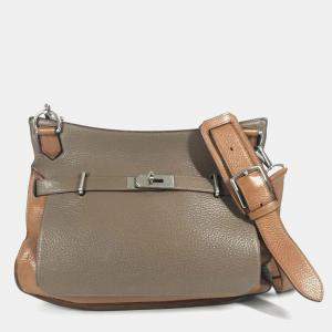 Pre Owned Hermes Gypsiere 34 Two-Tone Crossbody Flap Shoulder Bag In Taurillon Clemence Leather  Etoupe Gold  Gray And Brown