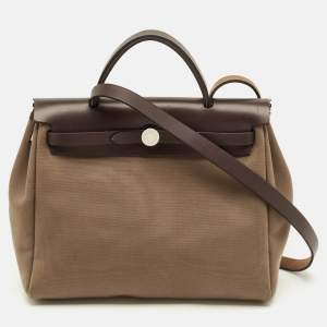 Pre Owned Hermès Herbag 31 Khaki/Brown Canvas and Leather Bag