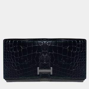 Pre Owned Hermes H wallet black crocodile with palladium hardware