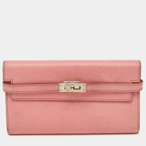 Pre Owned Hermes Kelly Longue Rose Bubblegum Epsom Leather Continental Wallet