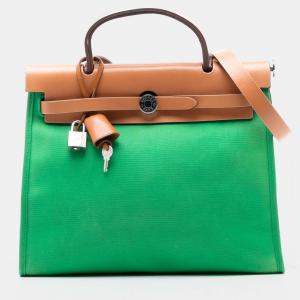 Pre Owned حقيبة هيرمس سحاب هيرباغ قماش بني أخضر 31