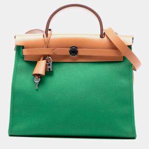 Pre Owned Hermes Brown Green Toile Herbag Zip 31