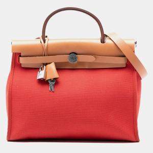 Pre Owned Hermes Brown Orange Toile Herbag Zip 31